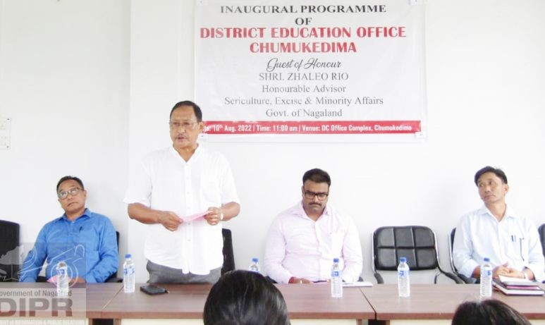 Advisor Zhaleo Rio is seen addressing the DEO office inaugural programme on August 10. (DIPR Photo)